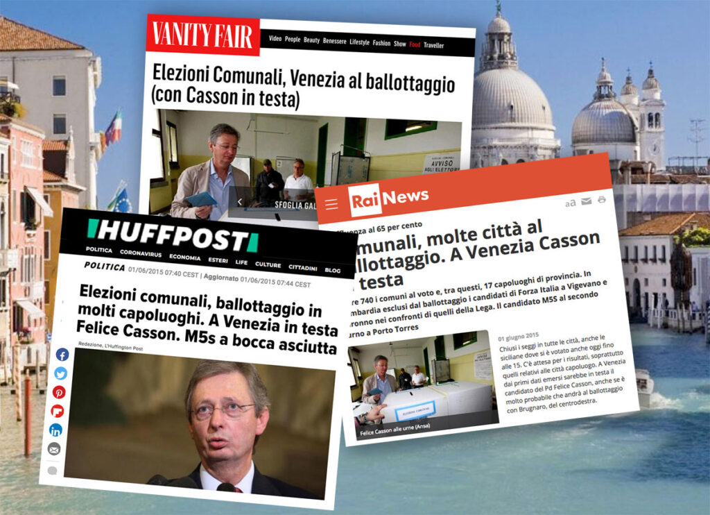 La stampa riporta il forte vantaggio di Casson al primo turno, ma anche la sua delusione per non avendo vinto al primo turno